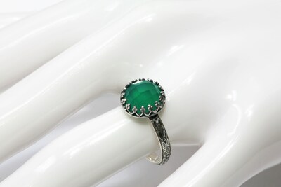 10mm Rose Cut Green Onyx 925 Antique Sterling Silver Ring by Salish Sea Inspirations - image4